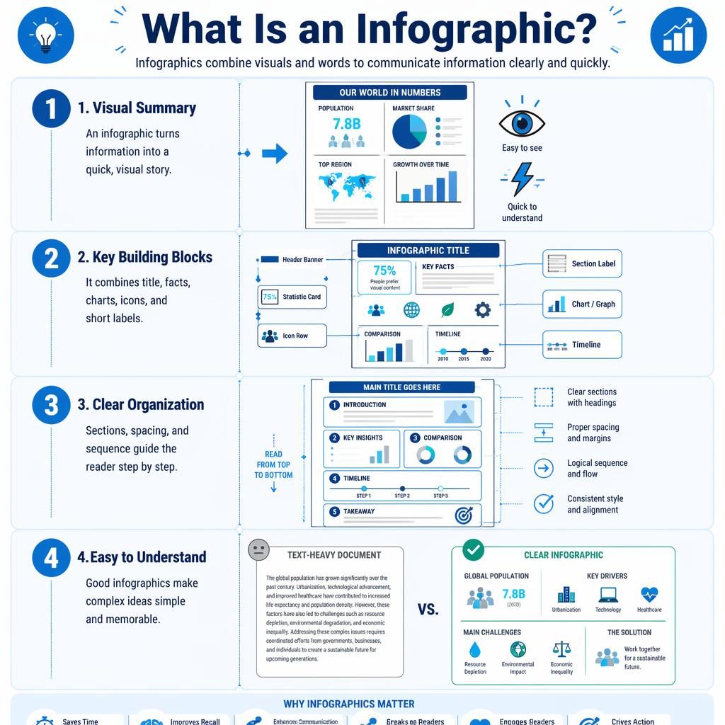 Póster infográfico vertical con 4 secciones numeradas, gráficos, iconos, flechas azules y diseño limpio profesional.