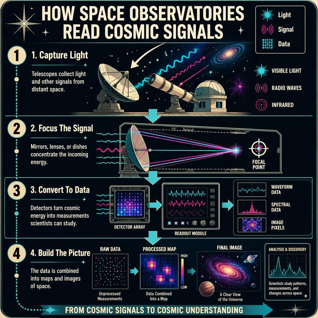 Portrait infographic showing 4 steps of how space observatories read cosmic signals with arrows, legend, charts, and neon retro visuals.