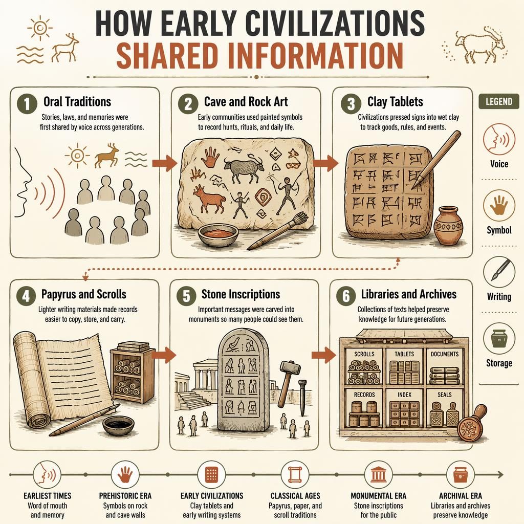 Portrait whiteboard-style infographic showing 6 steps of early communication, from oral traditions to libraries and archives.