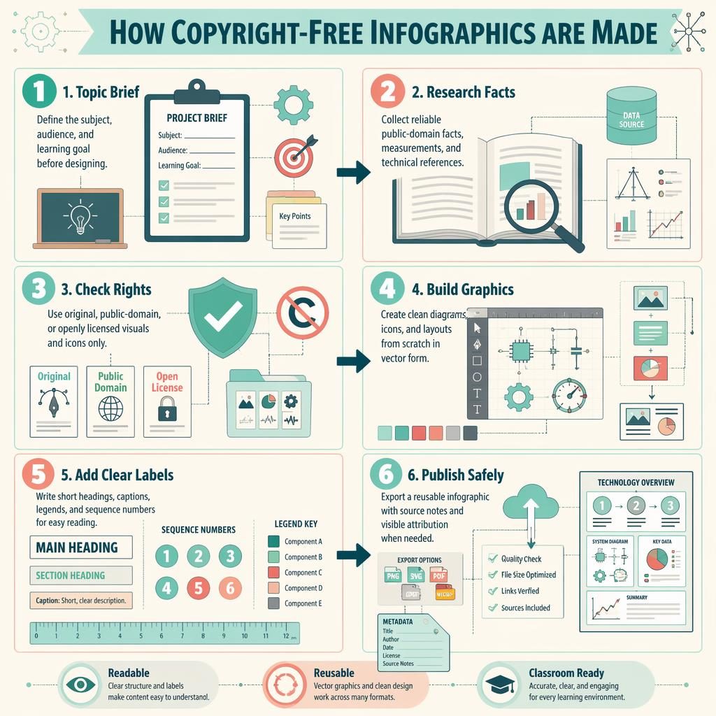 Portrait educational infographic poster showing a 6-step workflow for making copyright free infographics with arrows and icons.
