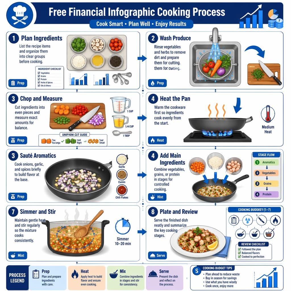 Portrait blue cooking infographic with 8 numbered steps, arrows, charts, ledger panels, and classroom-style food prep visuals.