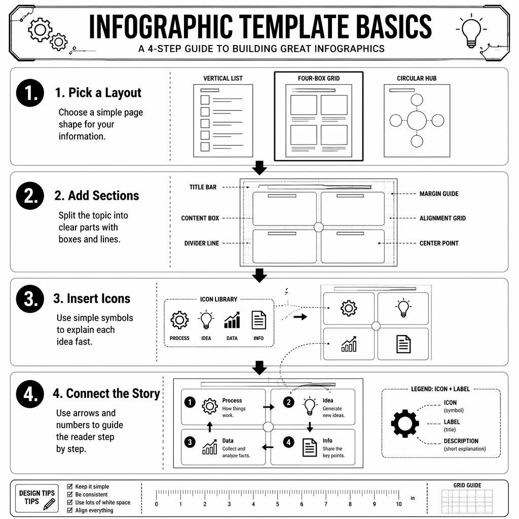 Black and white portrait infographic poster for kids showing 4 steps, arrows, icons, wireframes, grids, and labels.