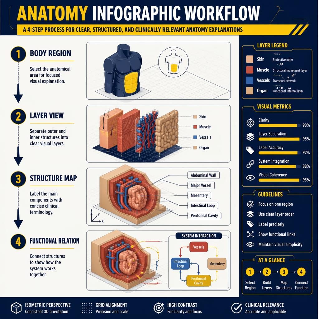 Portrait anatomy workflow infographic with 4 isometric medical steps in yellow and navy, arrows, labels, legend, and torso diagram.