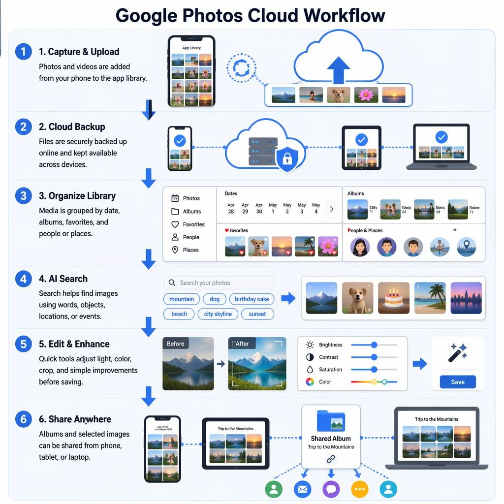 Educatieve infographic in portret met 6 genummerde stappen voor Google Fotos cloudworkflow, apparaten, cloud en pijlen.
