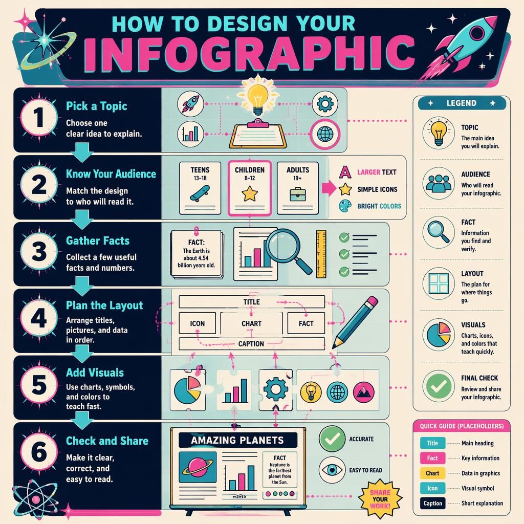 Póster infográfico vertical con 6 pasos numerados, flechas neón, iconos educativos y estilo retro tecnológico.
