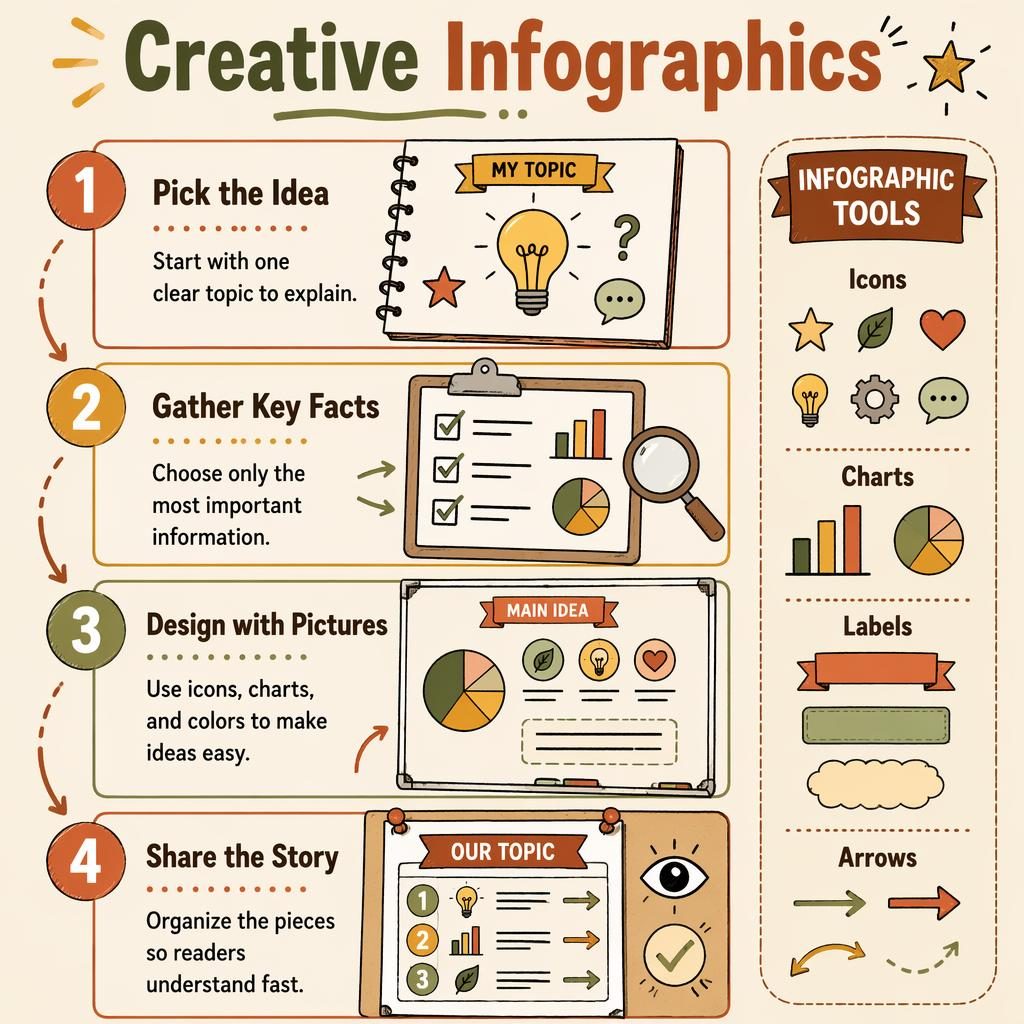 Póster vertical infantil sobre infogramas creativos con 4 pasos numerados, flechas curvas, doodles y paleta tierra.