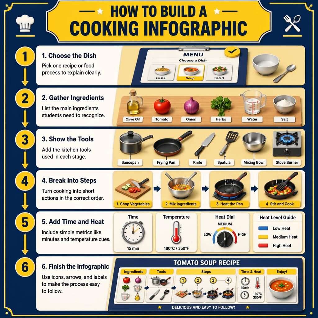 Portrait cooking infographic poster with 6 isometric steps, yellow panels, navy background, arrows, tools and ingredients.