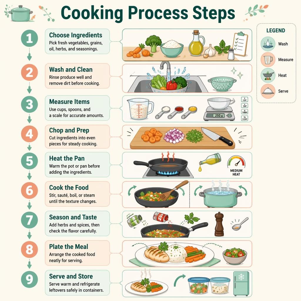 Portrait cooking process infographic with 9 numbered steps, arrows, kitchen icons, and mint peach classroom design.