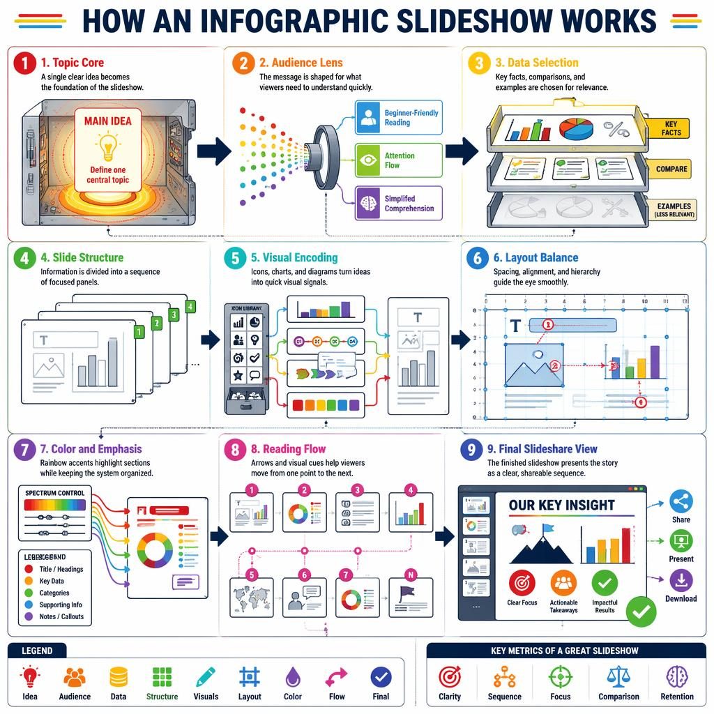 Landscape educational poster showing 9 numbered infographic slideshare stages with arrows, legend, charts, icons, and rainbow color coding.