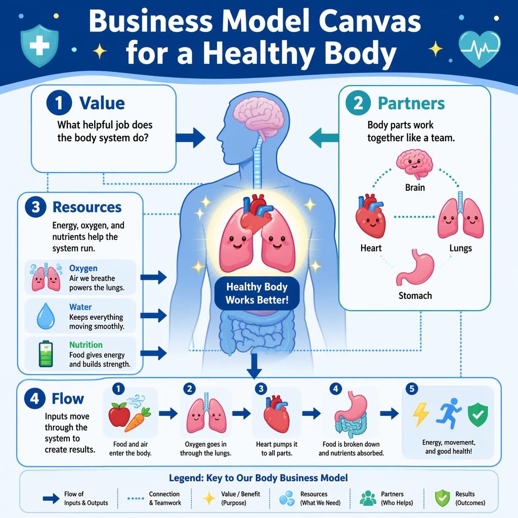 Portrait kids infographic showing 4 parts of a business model canvas with body icons, arrows, legend, and blue panels.
