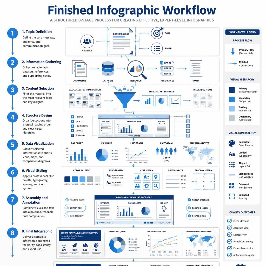 Póster infográfico vertical con 8 etapas numeradas, flechas, diagramas, gráficos y guía visual en paleta azul.