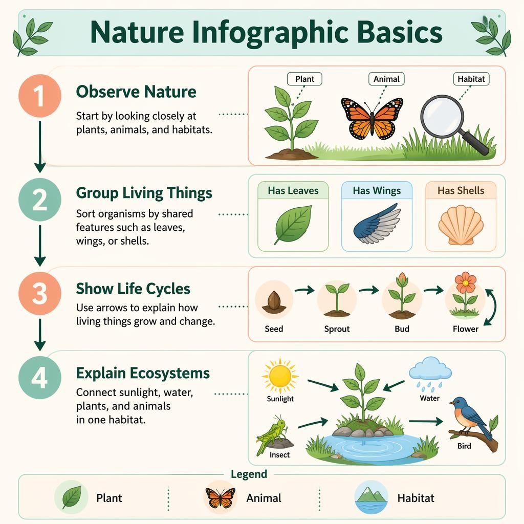 Portrait biology infographic with 4 numbered steps, arrows, plant, butterfly, life cycle, ecosystem scene, and legend.