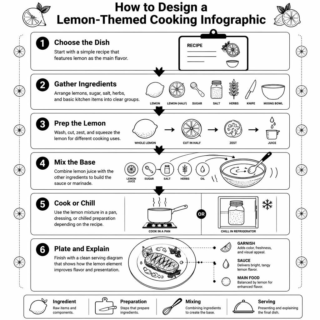 Black-and-white educational poster with 6 numbered lemon cooking infographic stages, arrows, icons, and footer legend.