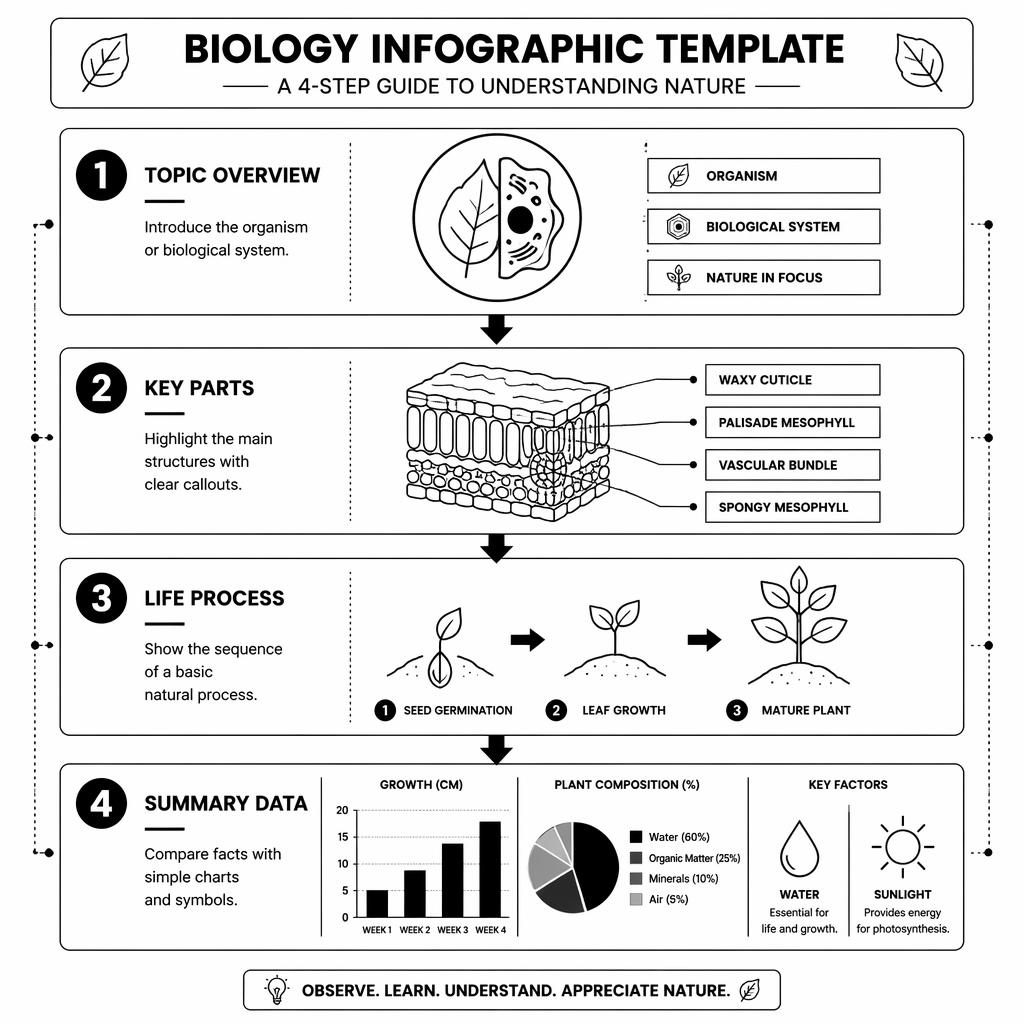 Póster infografia template de biología con 4 pasos, diagramas, flechas, gráficos y etiquetas en inglés.