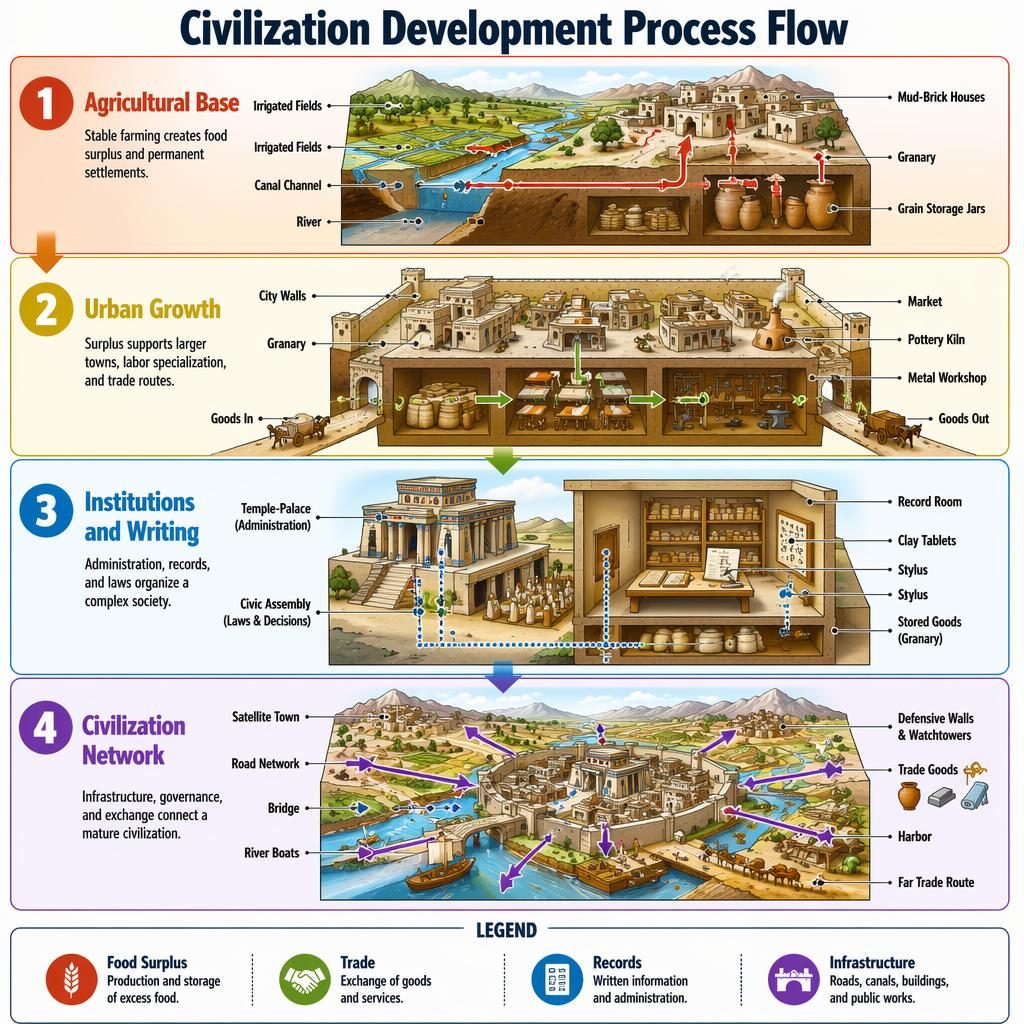 Portrait process flow infographic with 4 numbered stages on civilization growth, cutaway diagrams, arrows, legend, and rainbow panels.