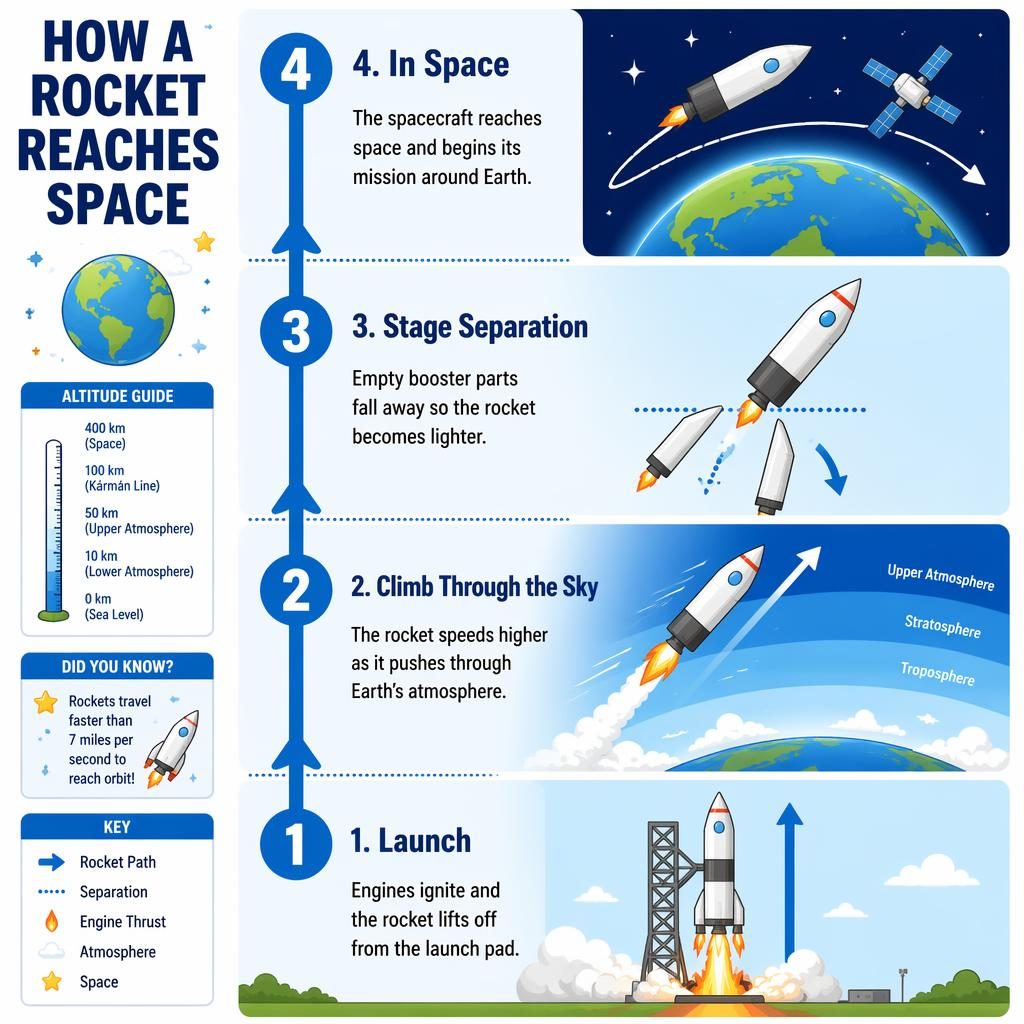 Portrait kids infographic poster showing 4 rocket-to-space steps with blue arrows, labels, Earth, stars, and stage separation.