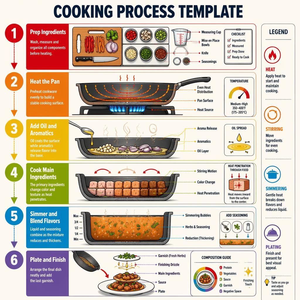 Portrait cooking process infographic with 6 rainbow stages, cookware cutaways, arrows, legend icons, and English labels.