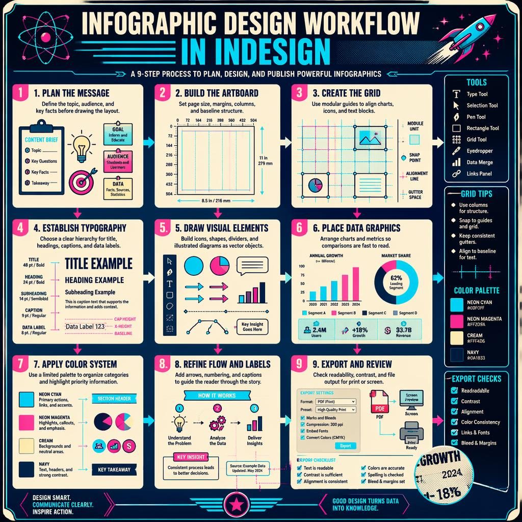 Portrait educational poster showing a 9-step infographic InDesign workflow with grids, charts, typography, tools, arrows.