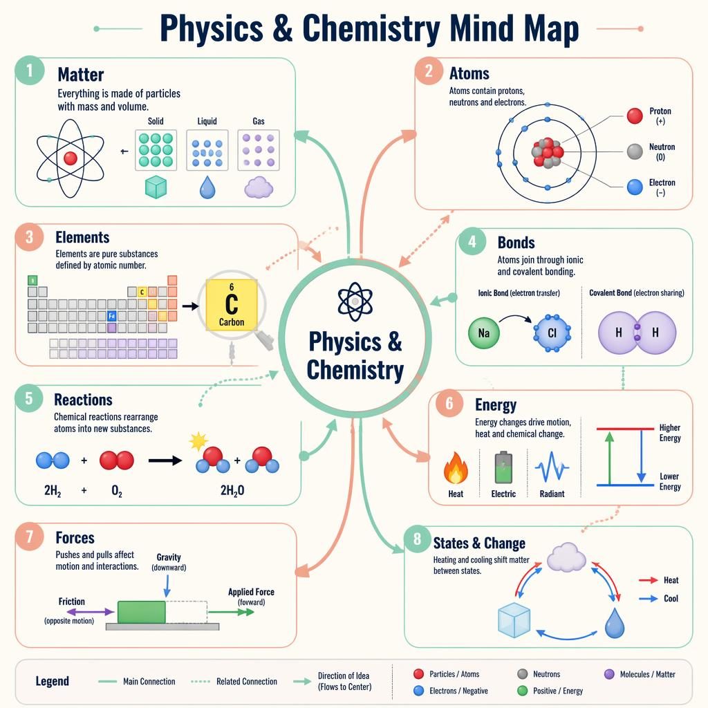 Portrait venngage mind map infographic with 8 numbered physics and chemistry branches around a central node.