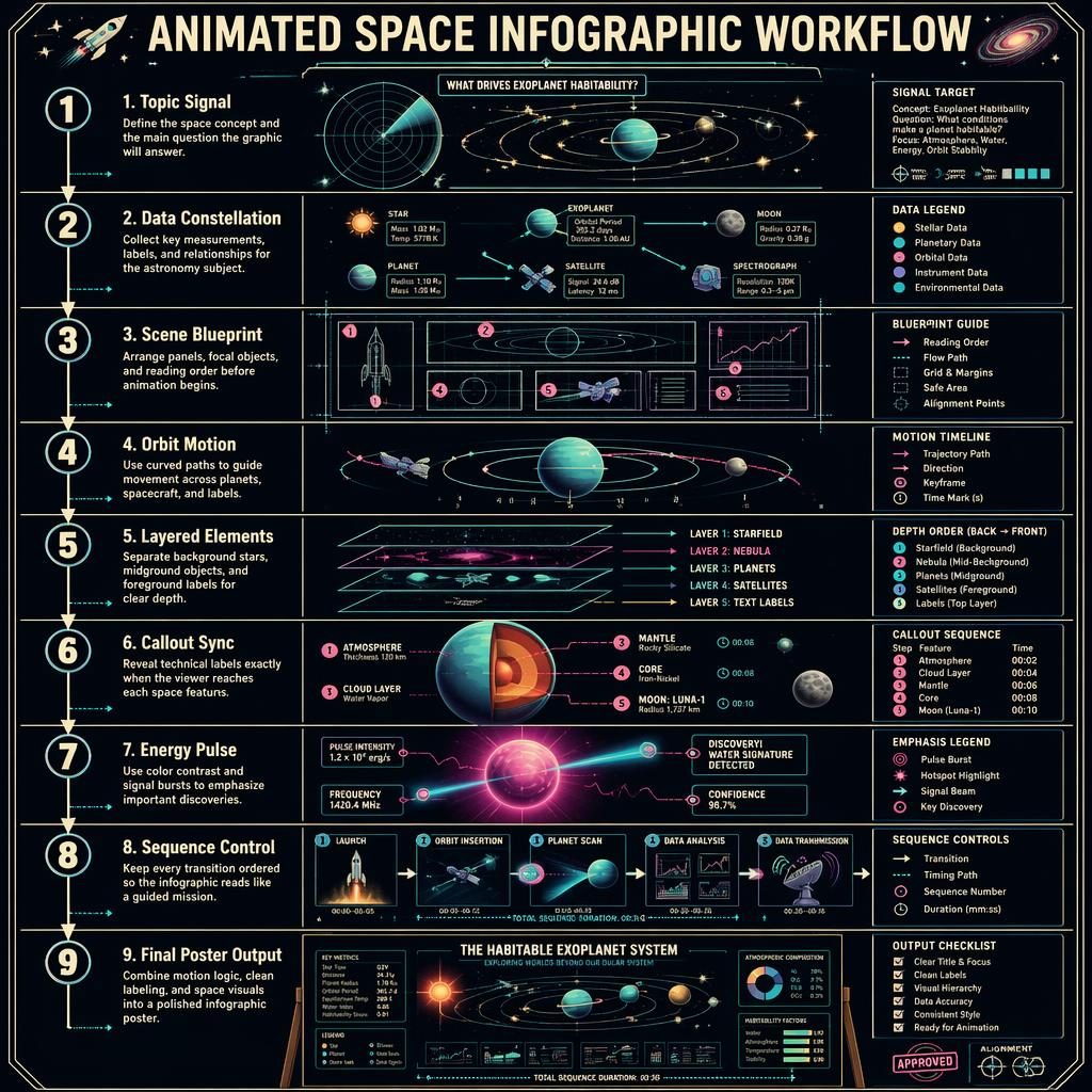 Póster infográfico espacial en vertical con 9 paneles numerados, flechas, órbitas, planetas y estilo retro-futurista.