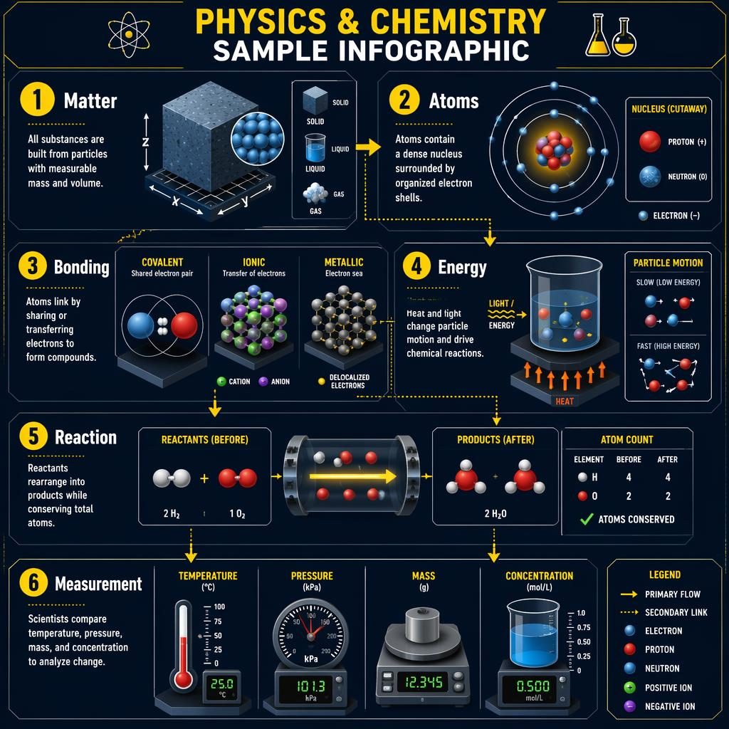 Portrait physics and chemistry sample infographic with 6 numbered navy panels, yellow badges, isometric diagrams, arrows, and labels.