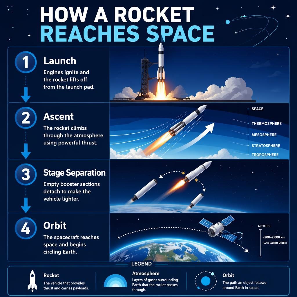 Póster infográfico vertical sobre cómo un cohete llega al espacio, con 4 pasos, flechas azules, Tierra y fondo estelar.