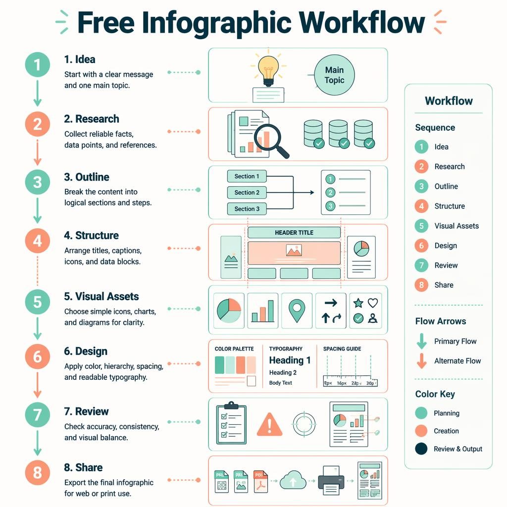 Portrait educational poster showing 8 numbered workflow stages with mint and peach arrows, icons, captions, and legend.