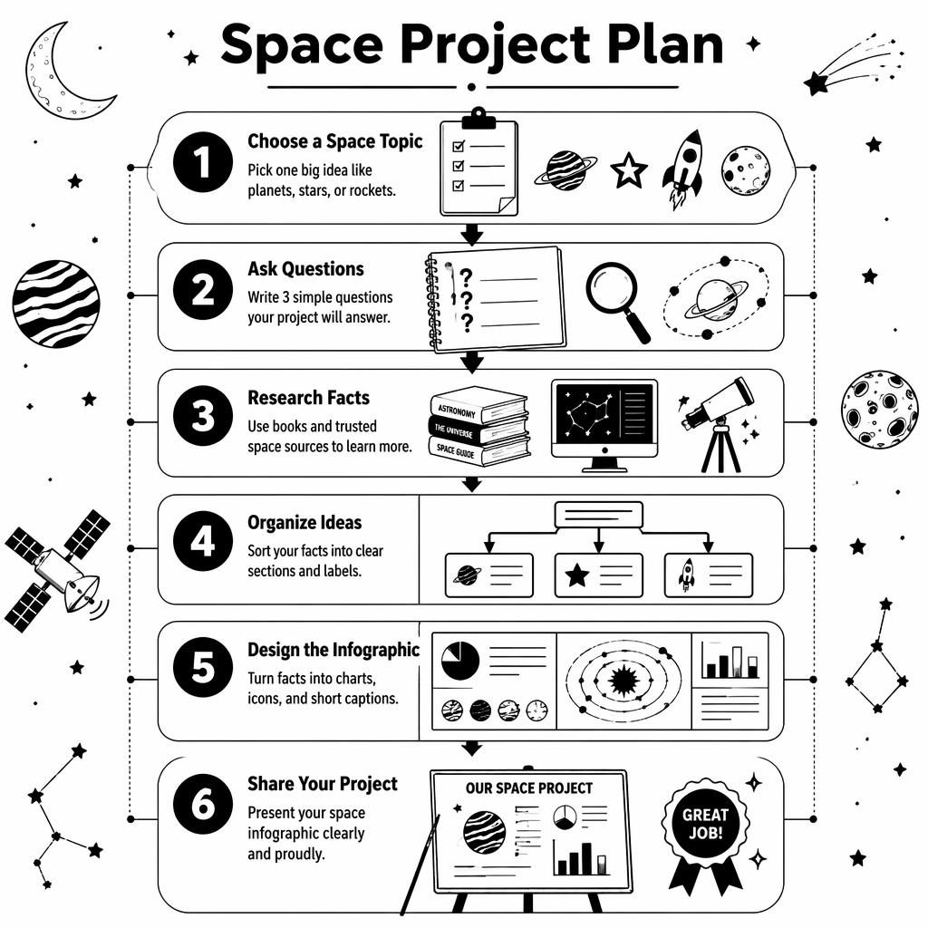Black-and-white kids project infographic poster with 6 numbered space project steps, arrows, stars, planets, rocket icons.