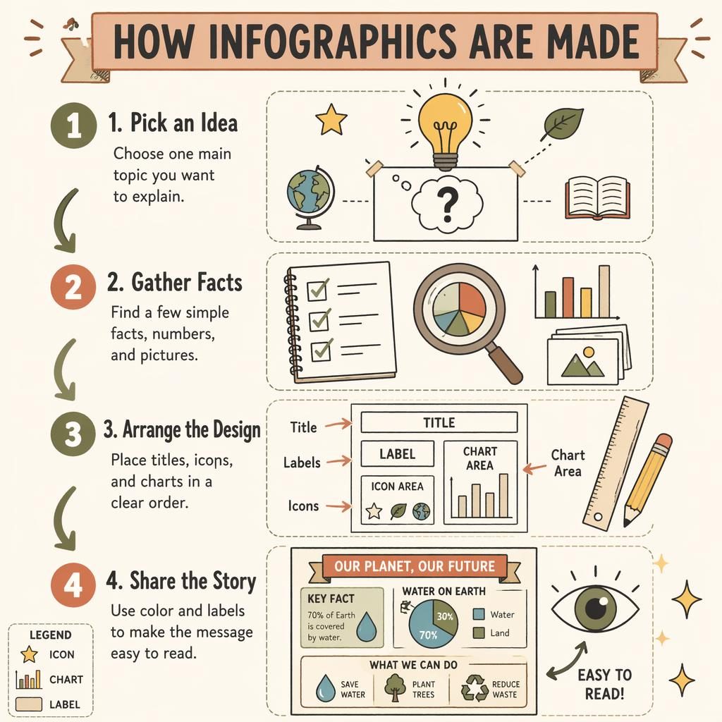 Portrait kids infographic poster showing 4 steps to make infographics with doodles, arrows, charts, notebook, pencil, and legend.