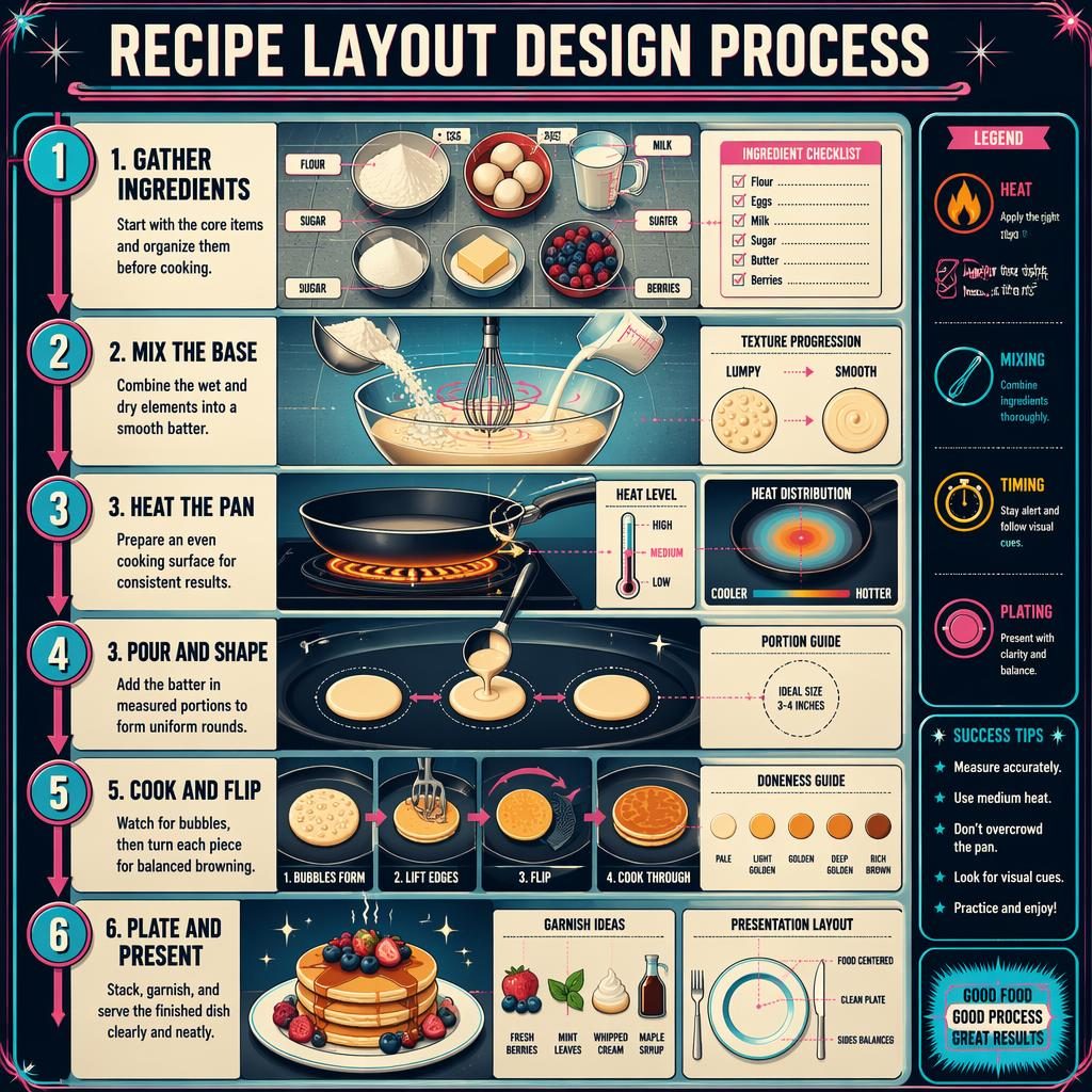 Poster infographique vertical de recette en 6 étapes, style rétro futuriste, avec pancakes, flèches, légende et schémas.