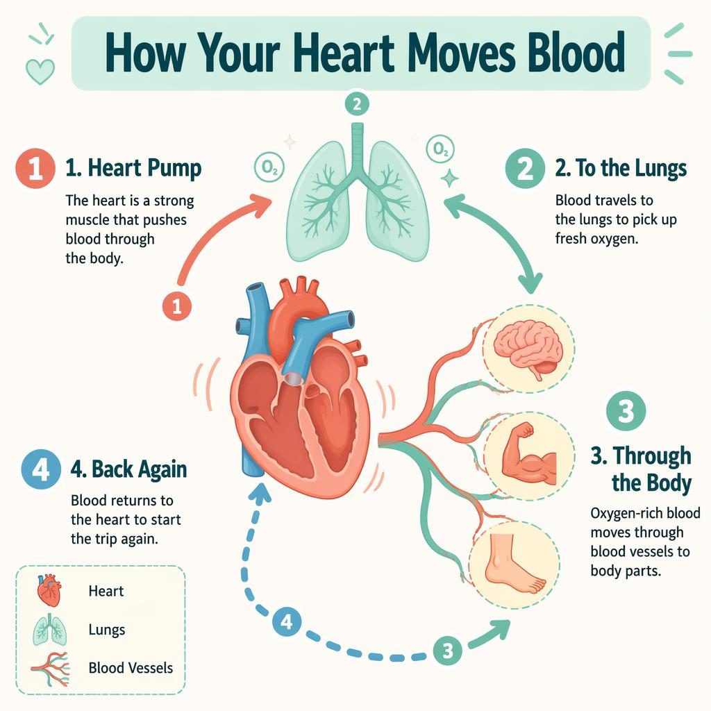 Portrait kids anatomy infographic showing 4 steps of blood flow with heart, lungs, body icons, arrows, and pastel labels.