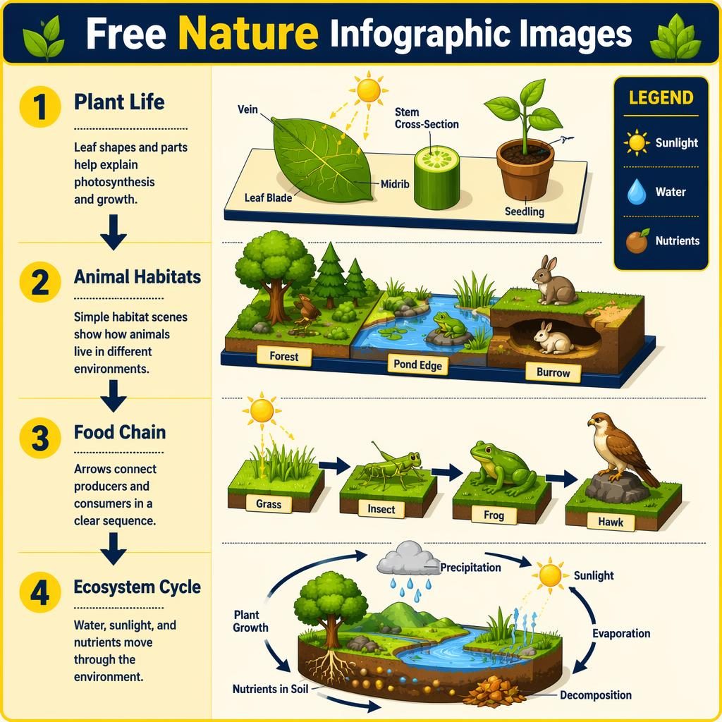 Póster infográfico vertical de 4 pasos sobre naturaleza con hojas, hábitats, cadena alimentaria y ciclo ecosistémico.