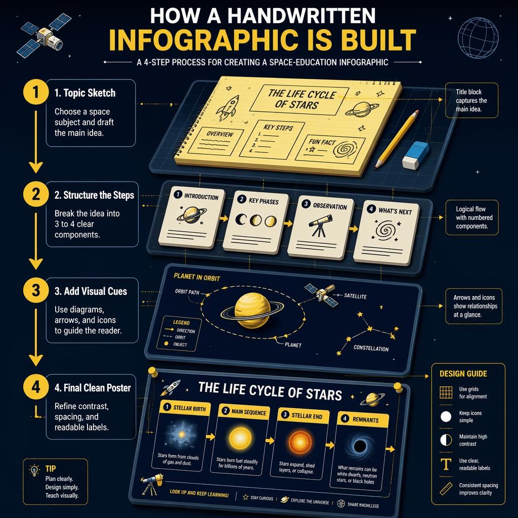 Portrait space-themed handwritten infographic poster with 4 isometric steps, yellow arrows, navy panels, icons and labels.