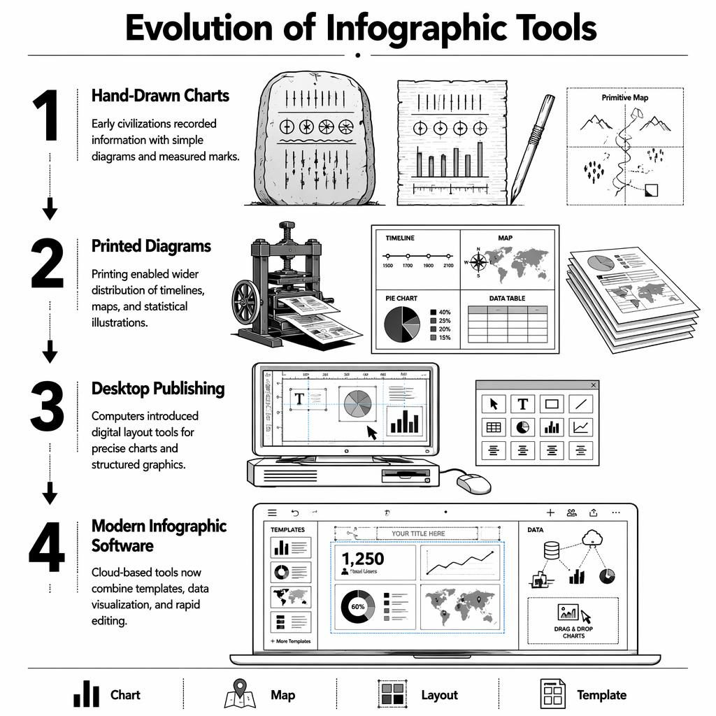 Black and white vertical infographic poster showing 4 stages of infographic tool evolution with arrows, icons, charts, maps, desktop and laptop.