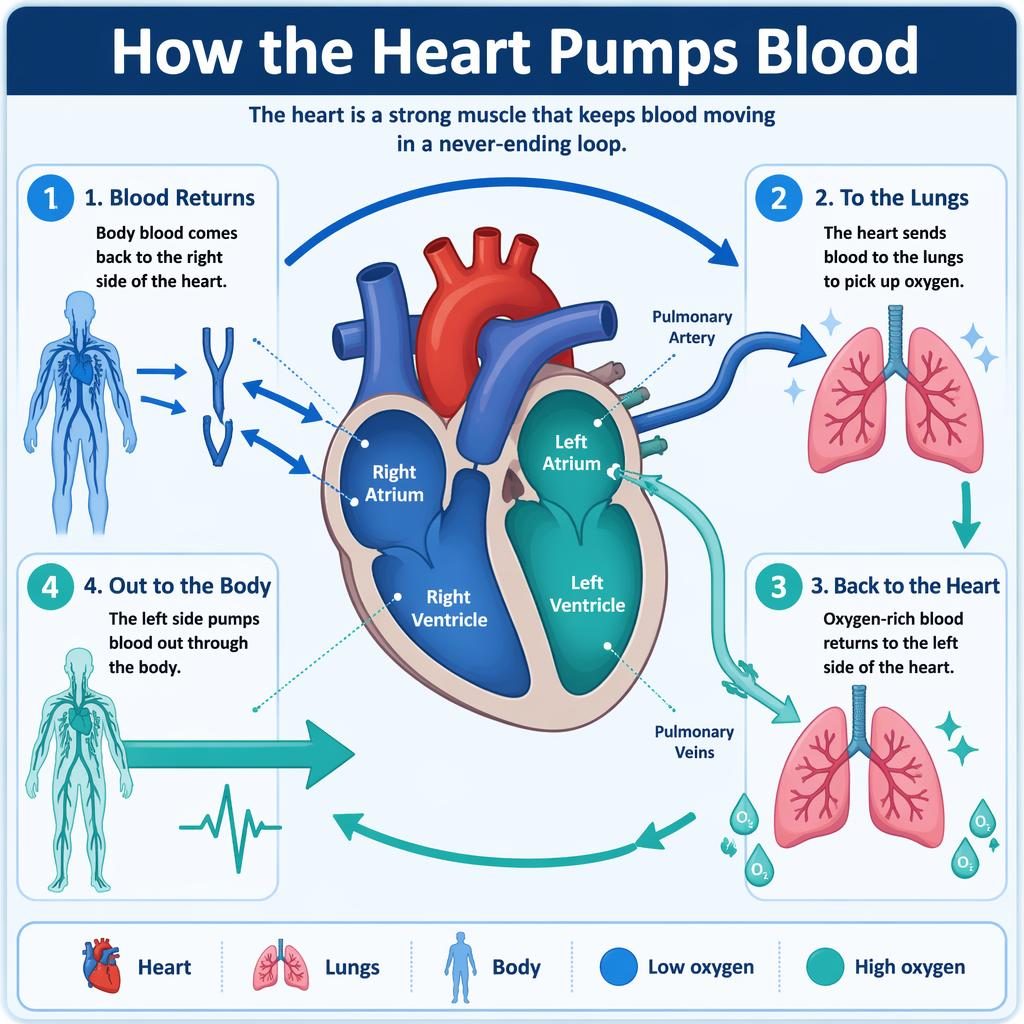 Portrait kids infographic showing 4 steps of how the heart pumps blood with blue heart, lungs, body icons and arrows.
