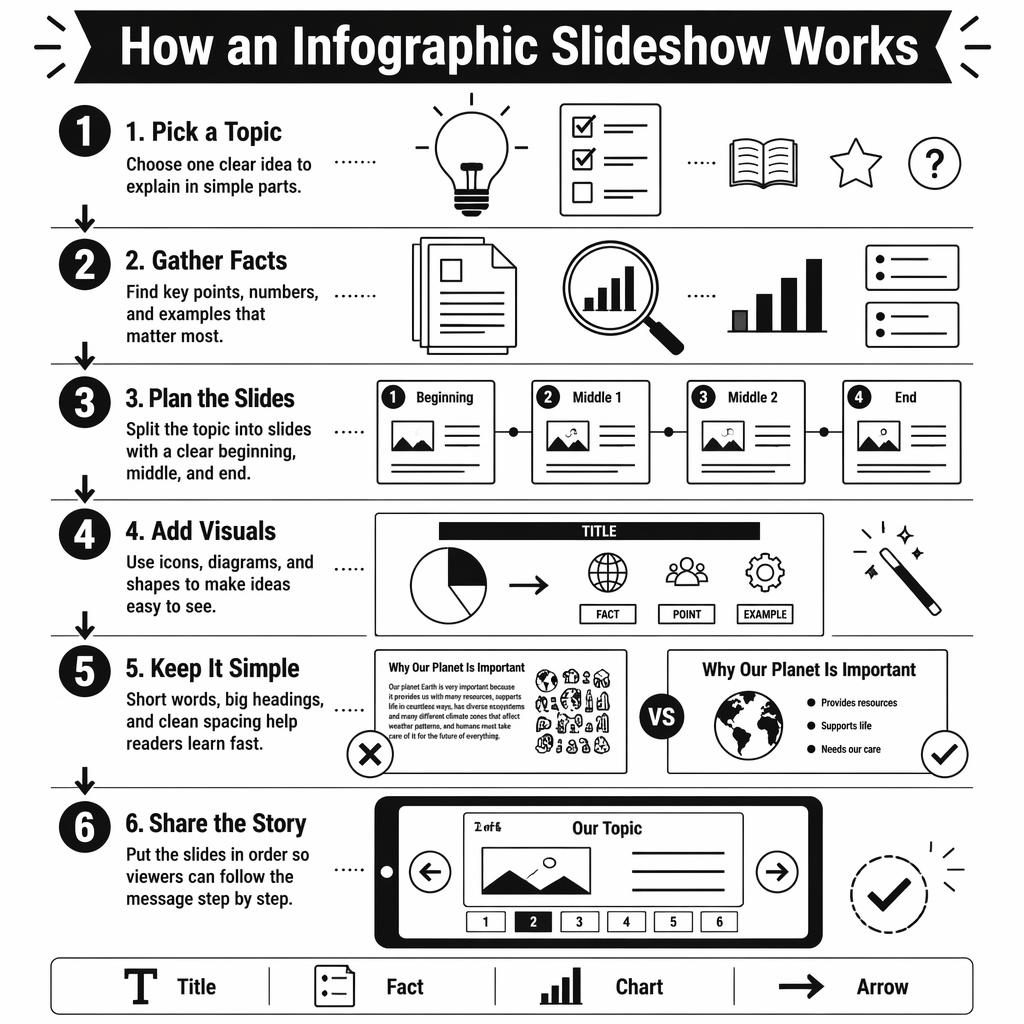 Black-and-white educational poster showing 6 vertical stages of an infographic slideshare with icons, arrows, and footer legend.