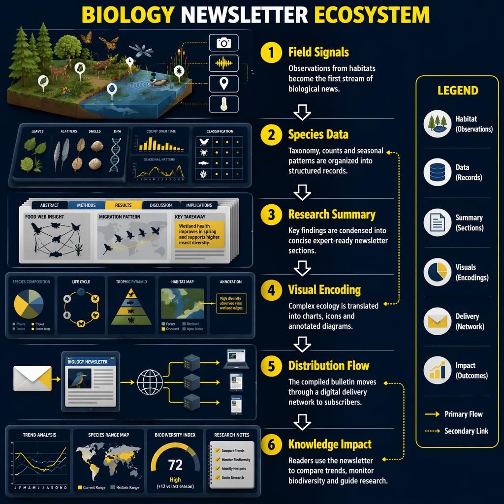 Isometric 6-step biology newsletter infographic with yellow numbered stages, arrows, legend, charts, habitat scenes, and navy background.