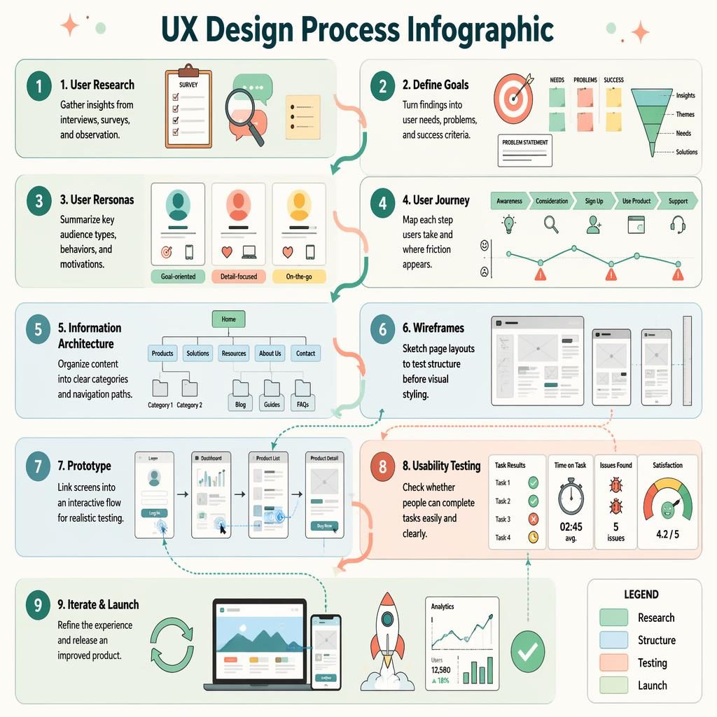 Portrait ux infographic with 9-step UX design workflow, pastel mint and peach panels, arrows, icons, and legend.