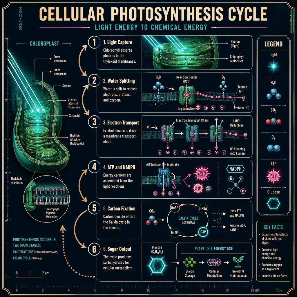 Portrait biology infographic poster showing 6 numbered photosynthesis stages with chloroplast diagrams, arrows, and legend.