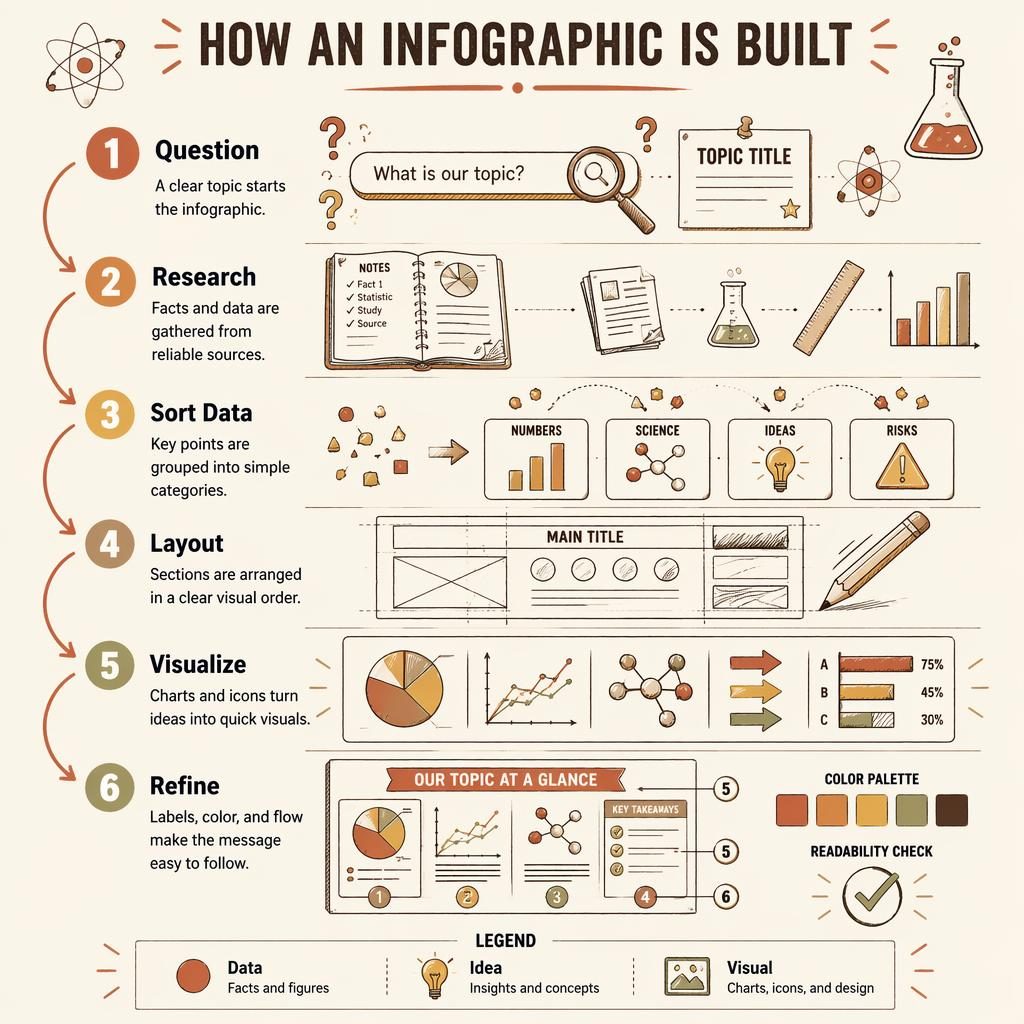 Portrait whiteboard-style infographic showing 6 steps to build an infographic with arrows, icons, charts, and warm earth tones.