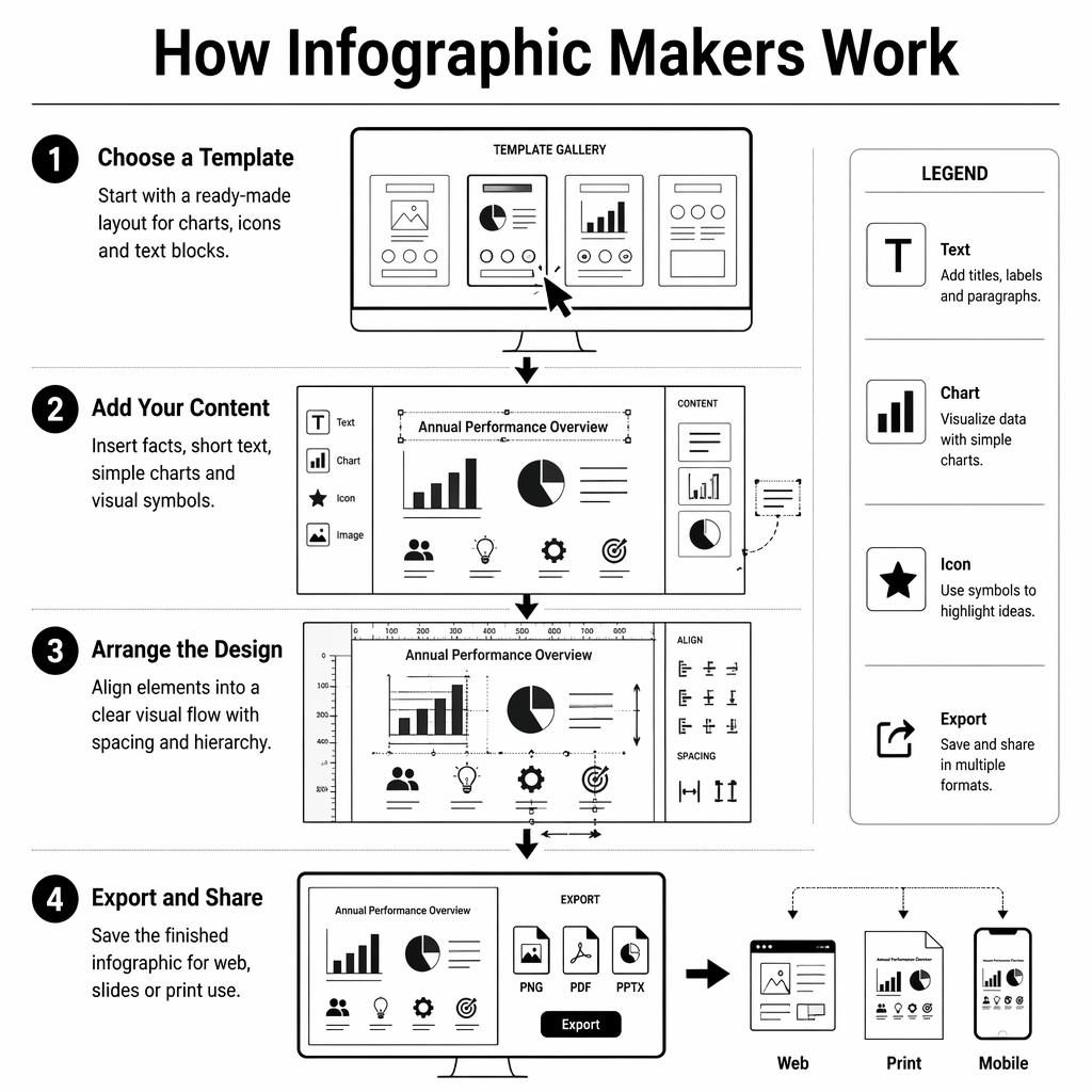 Black and white portrait infographic showing 4 stages of infographic makers with UI icons, arrows, legend, and export screens.