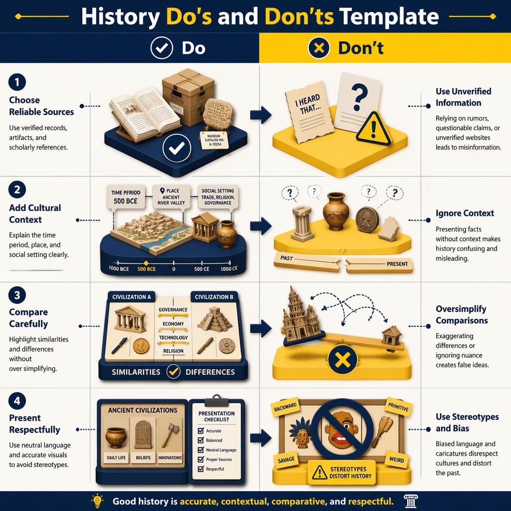 Portrait isometric history do's and don'ts infographic template with 4 numbered sections, Do and Don't columns, arrows.