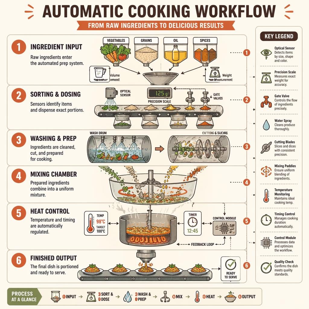 Póster infográfico vertical estilo pizarra con 6 etapas de cocina automática, flechas, iconos técnicos y tonos tierra.
