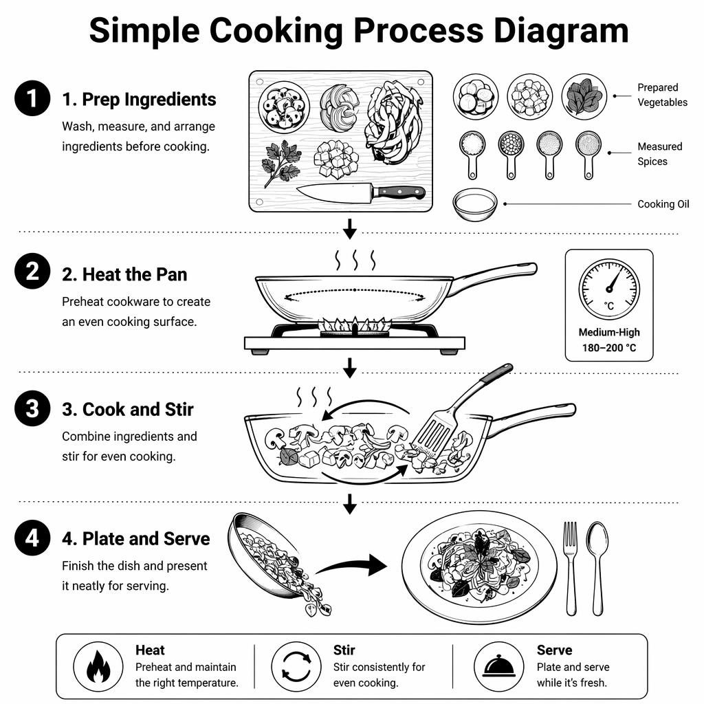 Black-and-white cooking process infographic with 4 numbered stages, arrows, pan diagrams, plated dish, and legend icons.