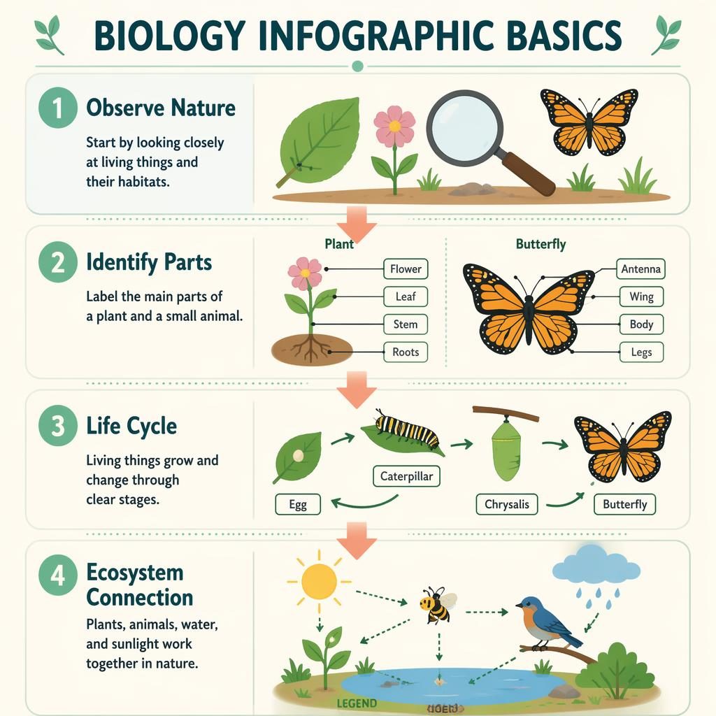 Póster infográfico vertical de biología con 4 pasos, hojas, mariposa, ciclo de vida y ecosistema en tonos menta y durazno.