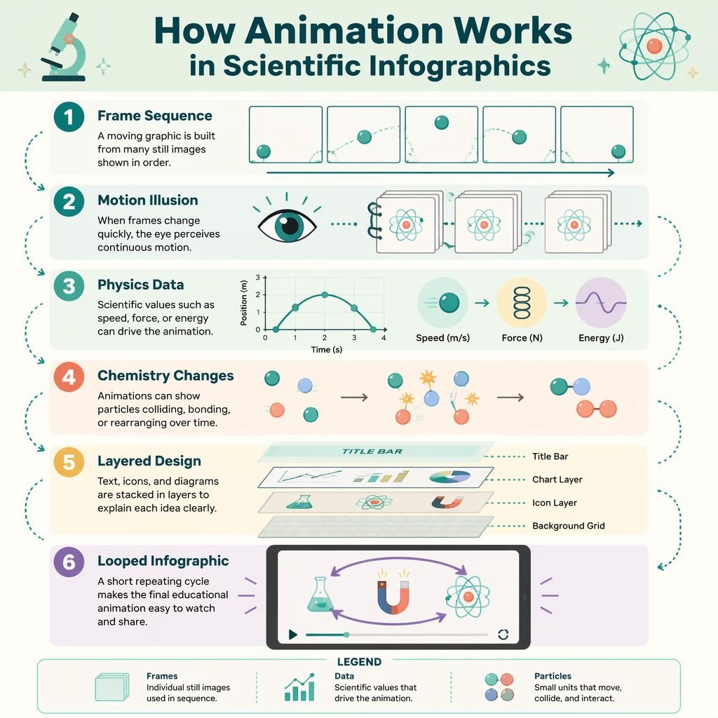 Portrait educational infographic with 6 numbered science animation panels, arrows, dotted motion lines, and pastel icons.