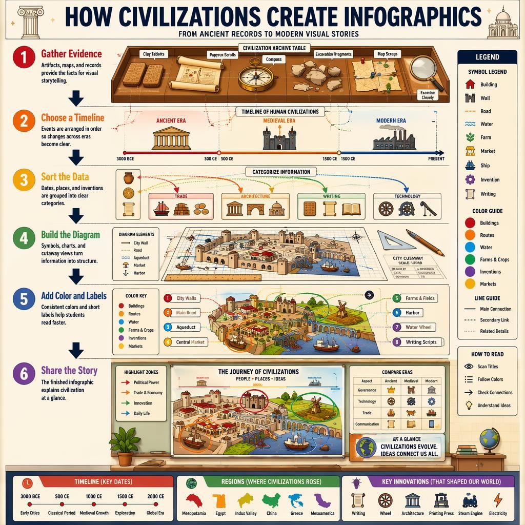 Historisches Infografik-Poster im Hochformat mit 6 nummerierten Schritten, Pfeilen, Zeitleiste, Diagrammen und Legende.