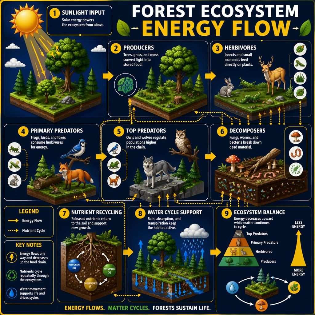 Portrait forest ecosystem energy flow infographic with 9 numbered isometric panels, arrows, sun, plants, animals, decomposers.