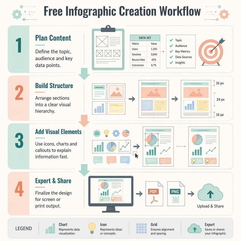 Póster infográfico vertical con flujo de 4 pasos, flechas menta y durazno, iconos, gráficos, cuadrícula y exportación.