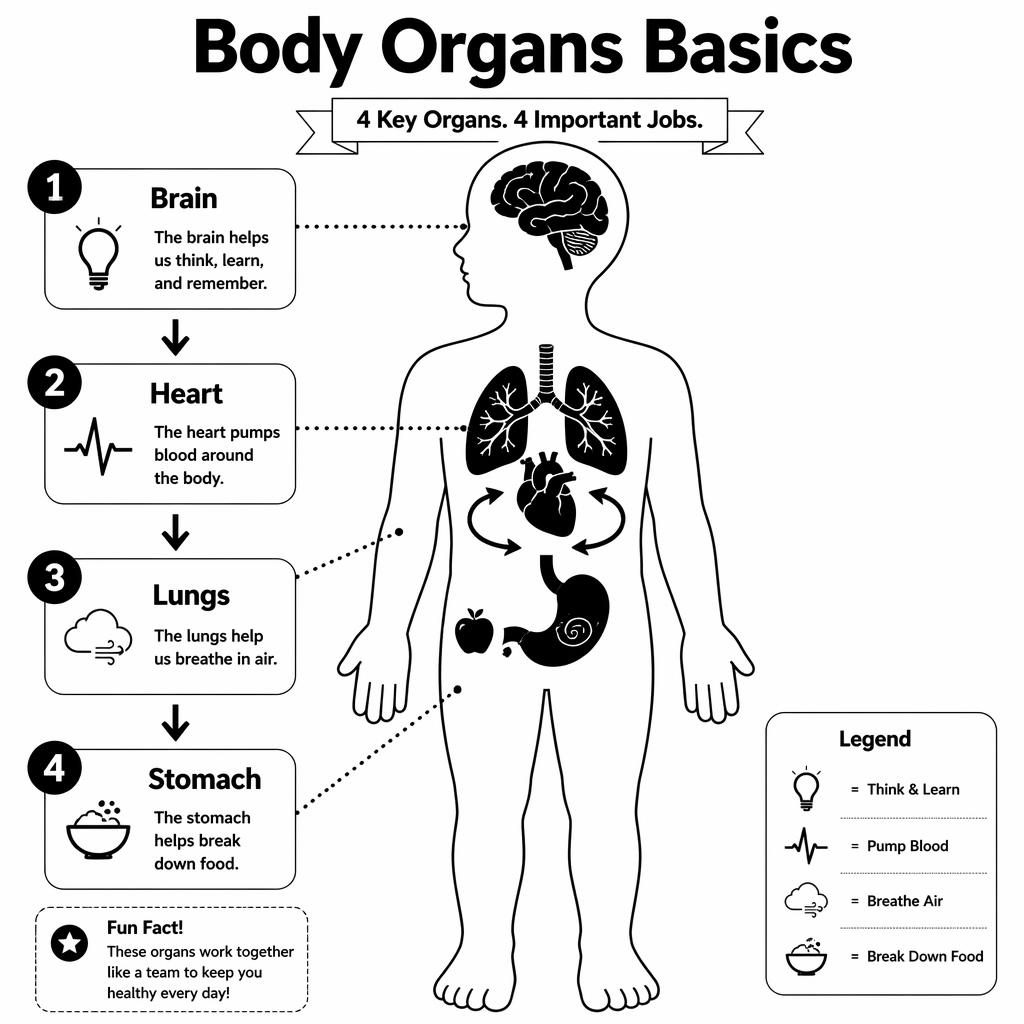 Póster infográfico en blanco y negro con silueta corporal infantil y 4 órganos señalados: cerebro, corazón, pulmones y estómago.